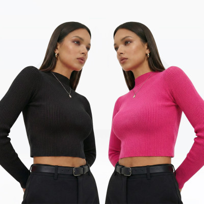 Women's Ribbed Mock Neck Long Sleeve Crop Top